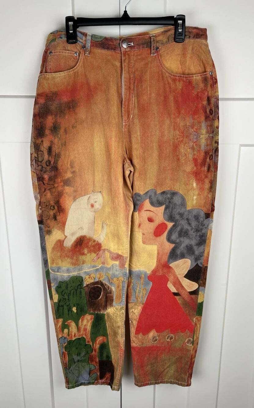 Vintage Chico’s Design Pants 2.5 Linen Art to Wear Girl Cat Novelty Print L XL
